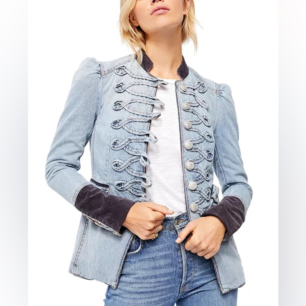Free People Fitted Denim Military Jacket/Size XS